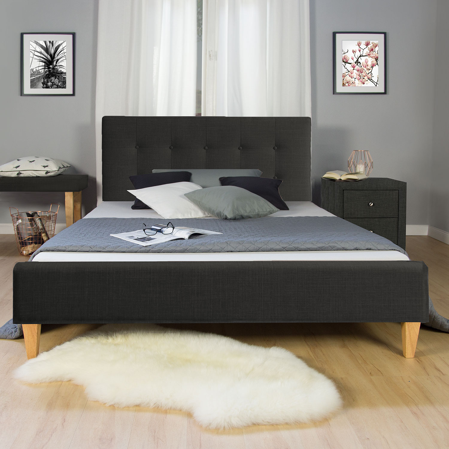 fabric Bed Upholstered Bed Frame Superking 180 x 200 black 6FT