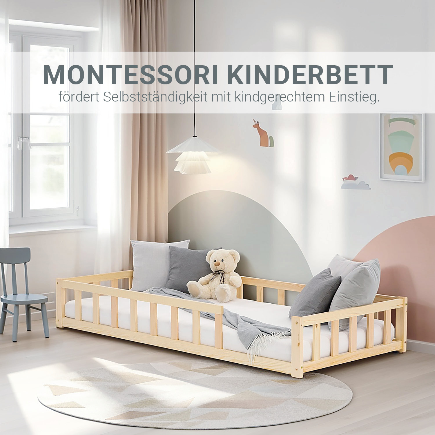 Children's Bed 90x200 Natural | Floor Bed with Slatted Frame | with Fall Protection | Montessori