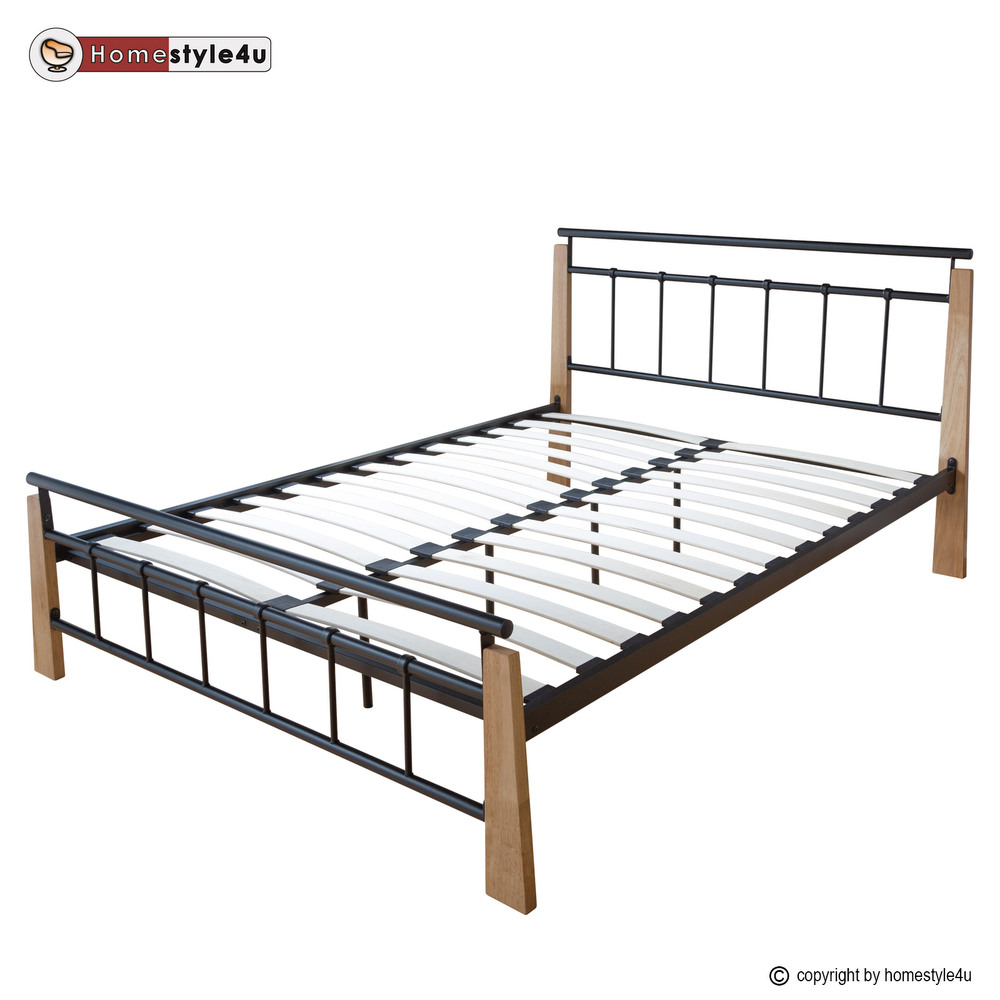 Metal Bed Iron Bed Double 180 x 200 Wood Slatted black natural bed frame 5072