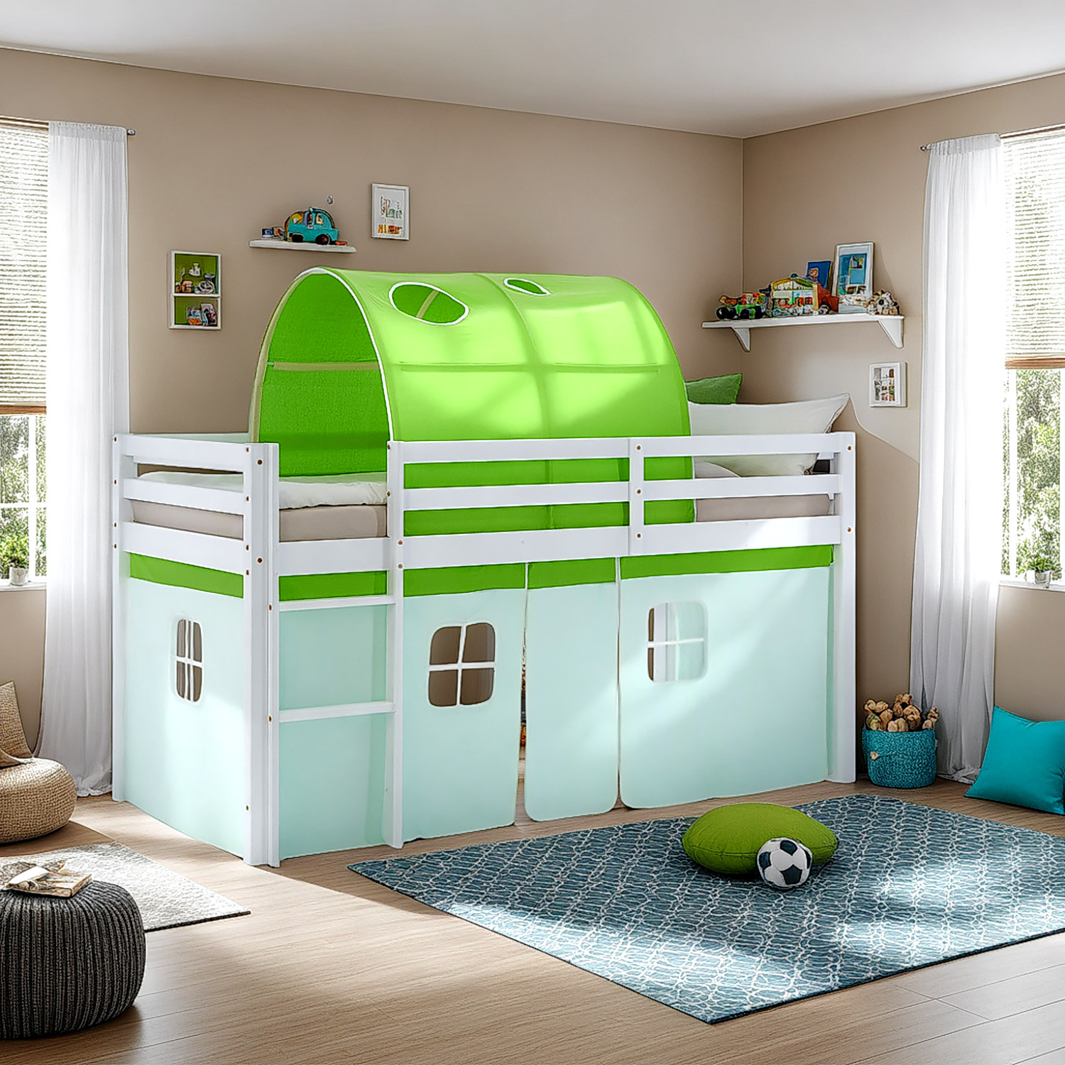 Neue Hochbettendesigns für ein gemütliches Kinderzimmer Hochbett Kinder 90x200 cm Kinderbett Kinderhochbett Stockbett Tunnel Vorhang Turm Grün Rutsche Holz Massiv Lattenrost Matratze