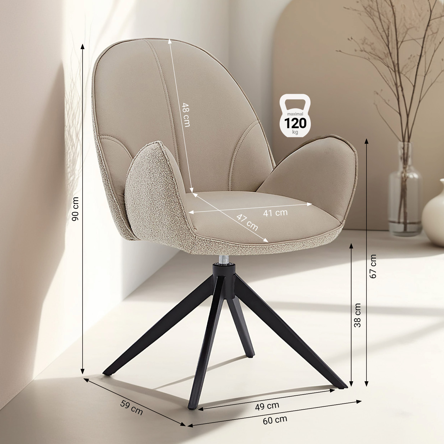 Esstisch mit 4 Stühlen Set Essgruppe Polsterstühle Drehbar Bouclé Leder Braun Beige Esszimmertisch Oval Metall Schwarz