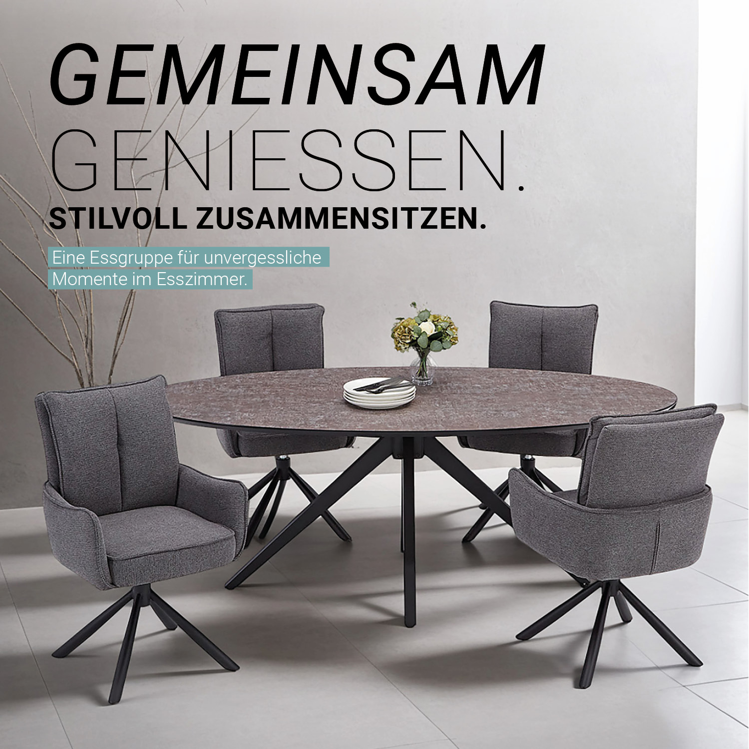 Modern Dining Table Oval Brown Black with 4 Dark Grey Fabric Chairs Dining Room Table 8 Seater Industrial Look