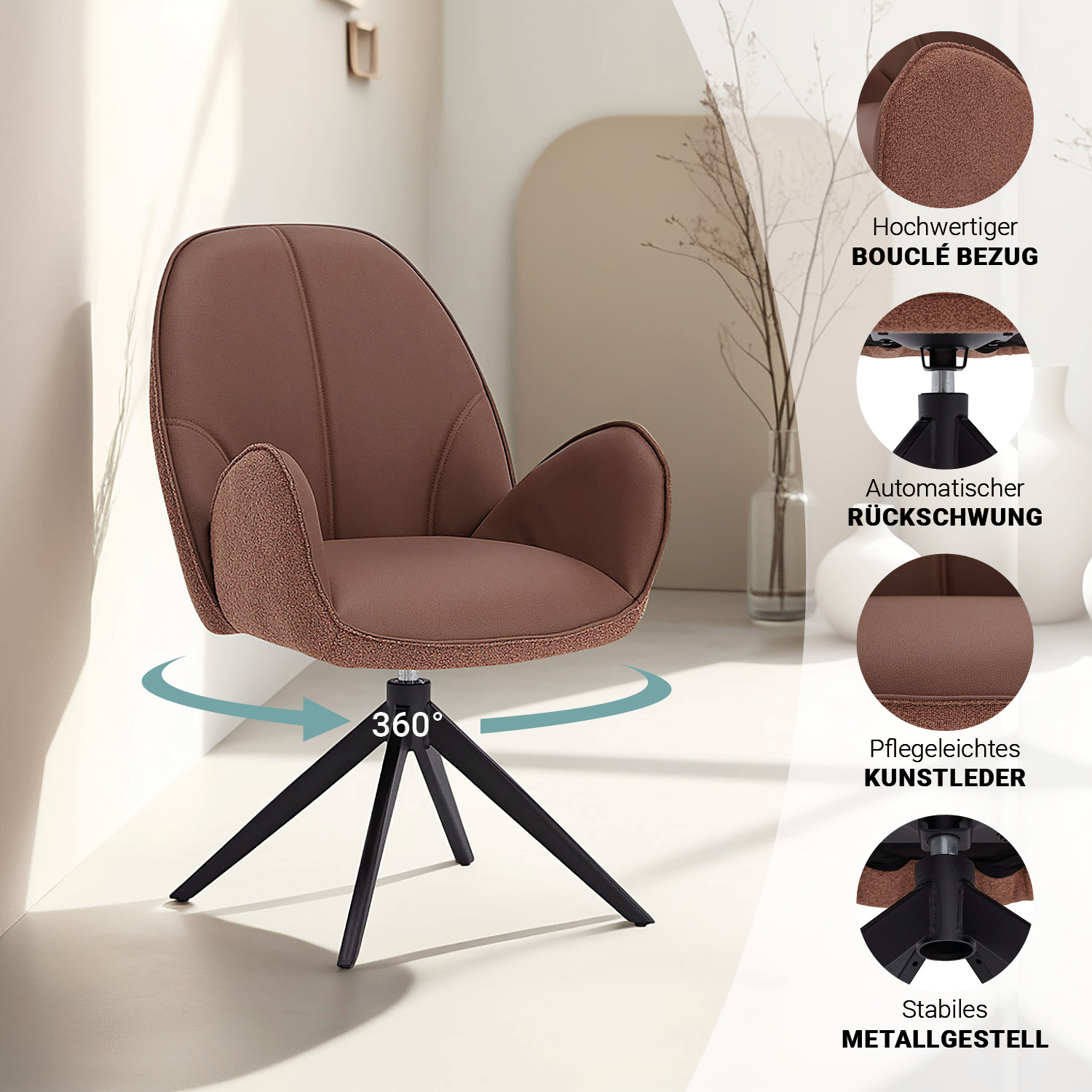 Esstisch mit 4 Stühlen Set Essgruppe Polsterstühle Drehbar Bouclé Leder Braun Beige Esszimmertisch Oval Metall Schwarz
