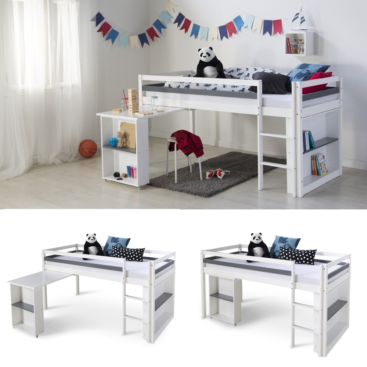 Loft Bed Kids 90x200 cm White with Desk | with Shelf | with Slatted Frame