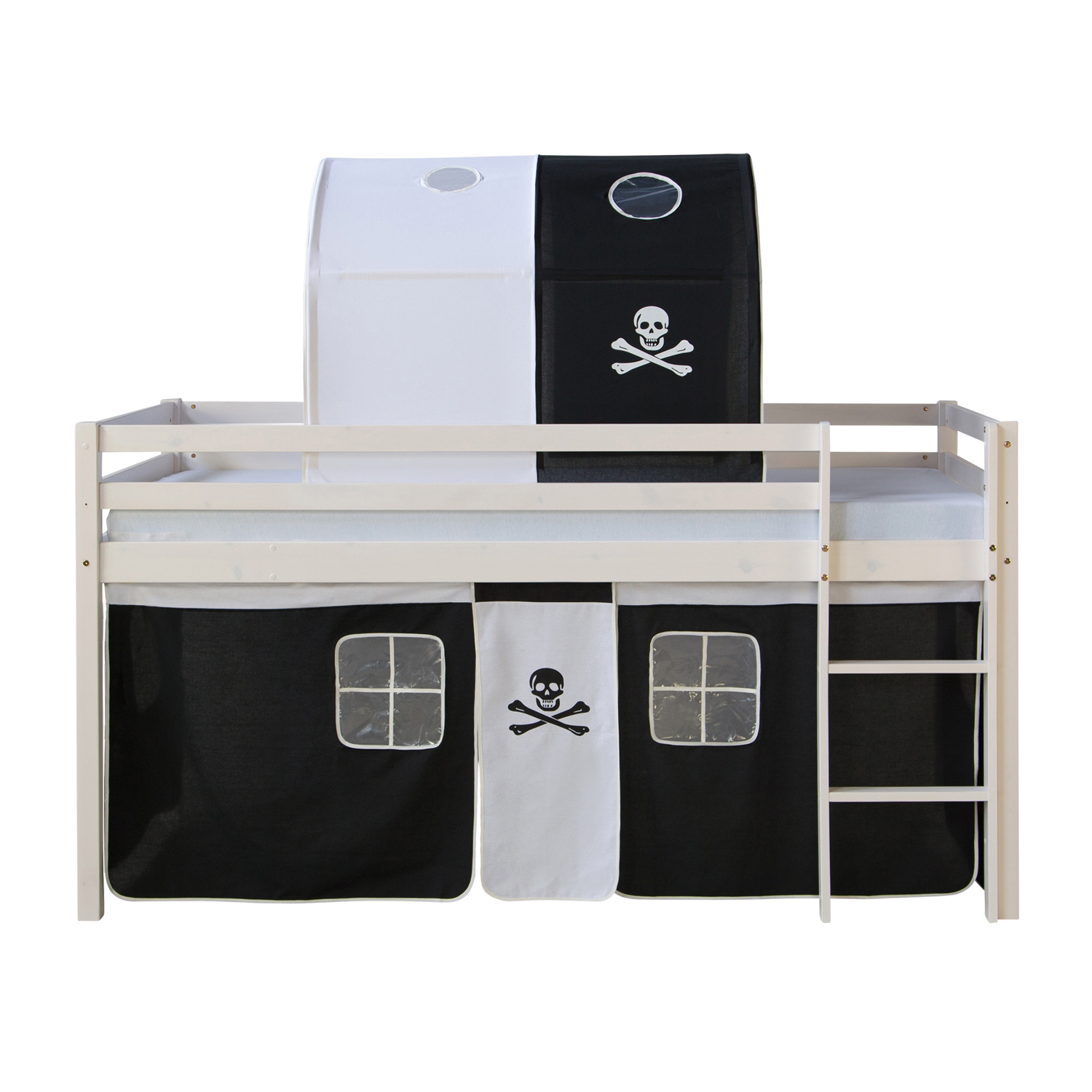 Loft Bed Kids 90x200 cm White with Curtain in Black | Tunnel | without Slatted Frame Loftbed 90x200 cm with Mattress Bunk bed Childrens bed Solid Pine Wood Slats Tunnel Curtain Black Pirate