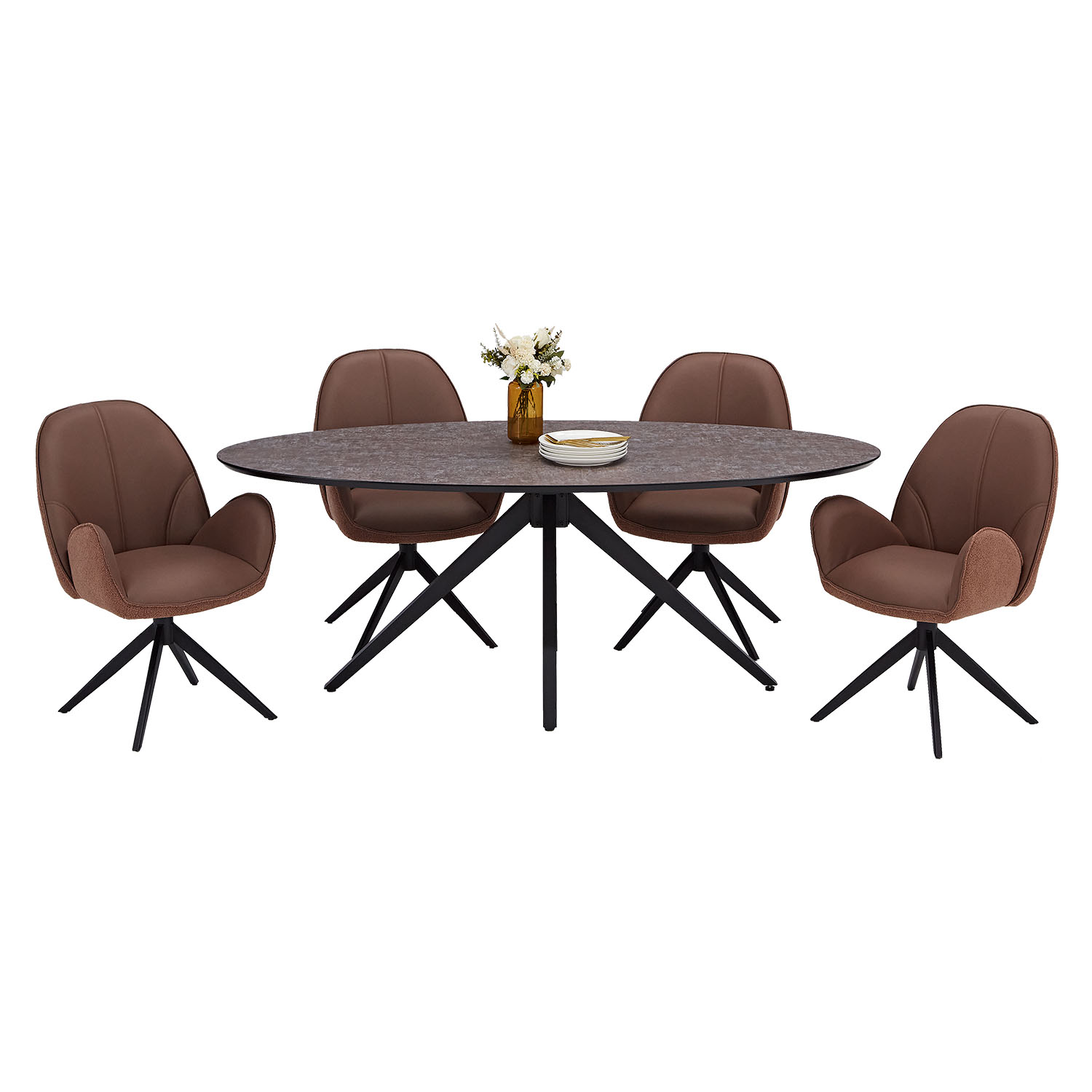 Modern Dining Table Oval Brown Black with 4 Bouclé Leather Chairs Dining Room Table 8 Seater Industrial Look