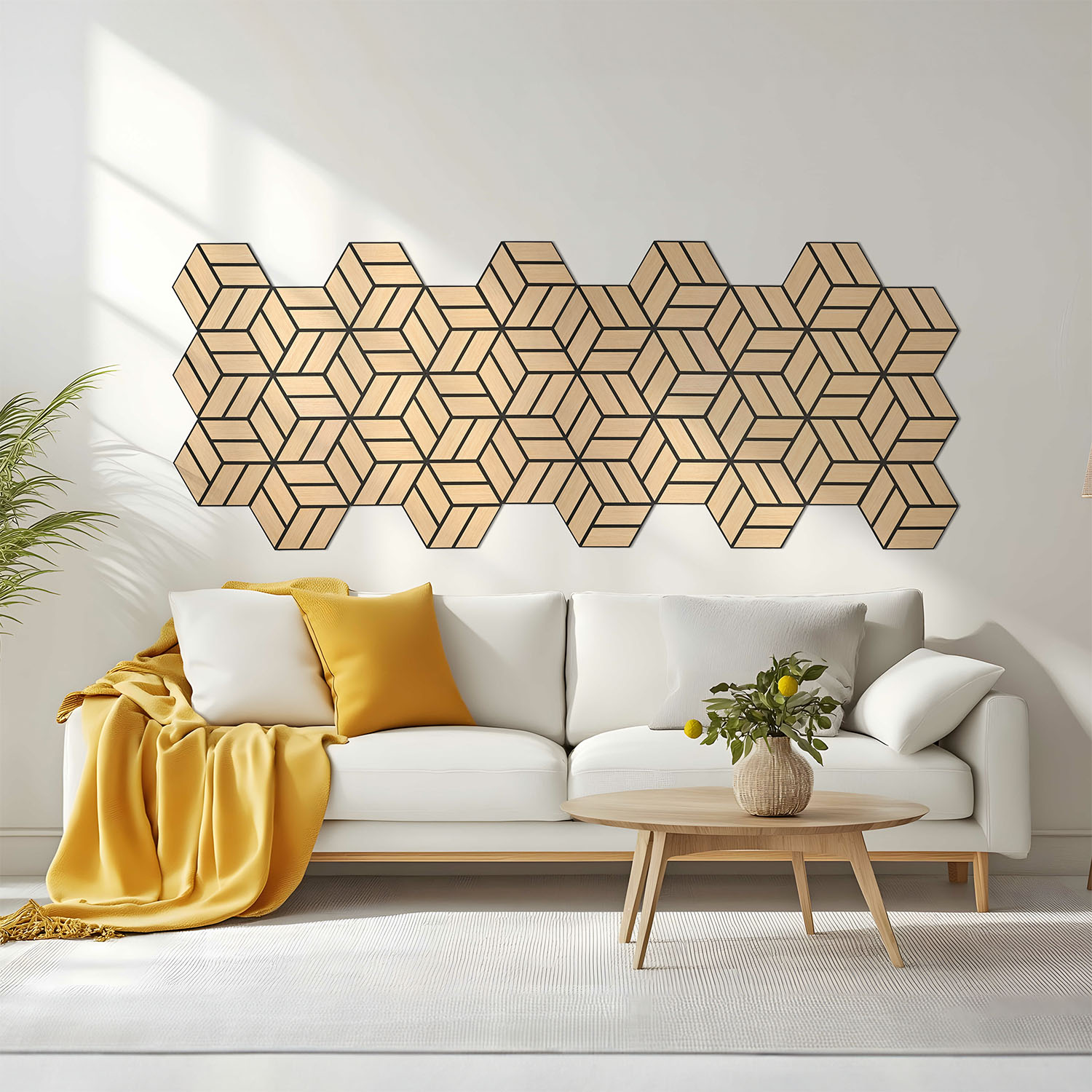 Acoustic Panels Wall Panels Hexagon Honeycomb 30 x 26 cm Natural Oak | Wood | 4-piece Set | 3D Akustikpaneele Holz 30 x 26 cm Braun Grau Natur Paneele Hexagon Wandpaneele 3D Wandpaneel Wandverkleidung Dekorpaneel