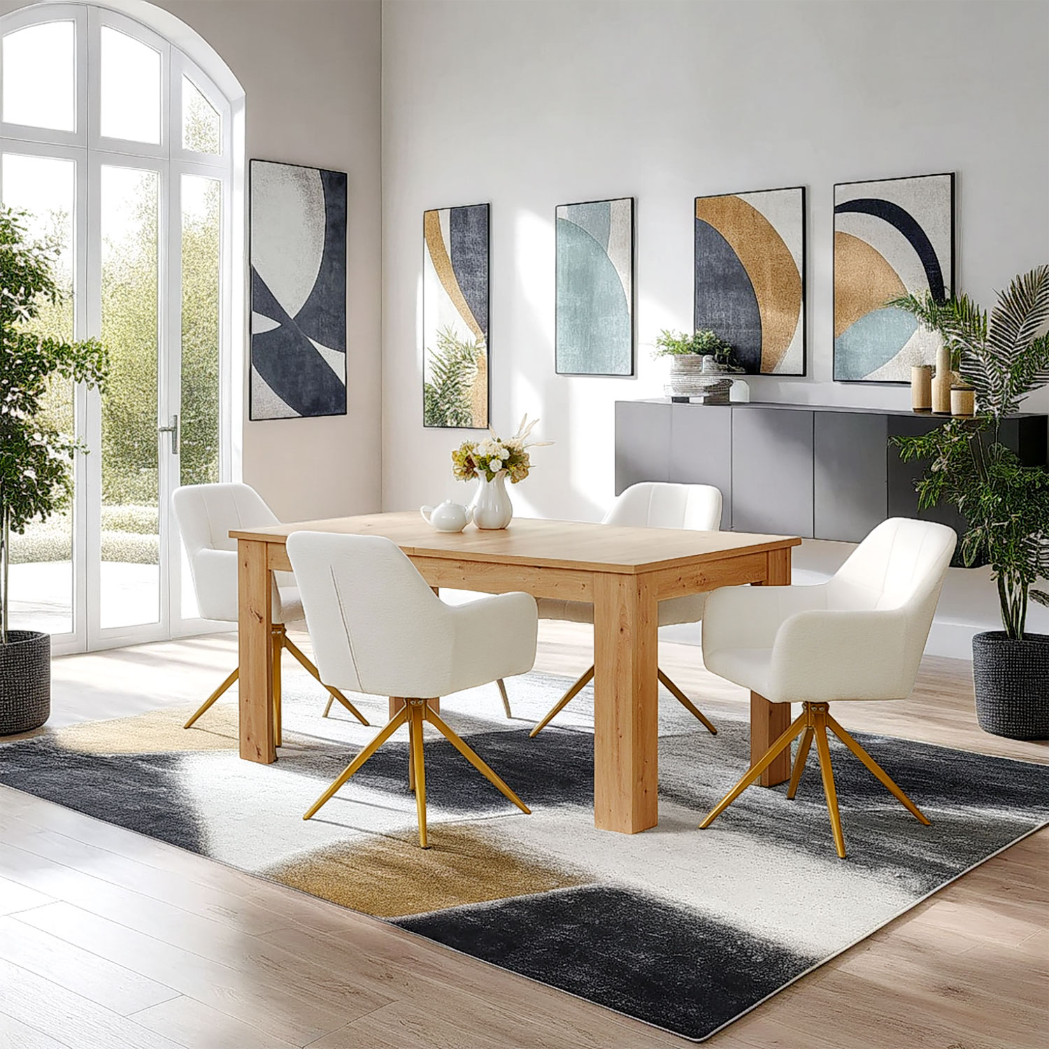 Upholstered Chair Bouclé Beige | Set of 4 | swivel | with Armrests | Kitchen Dining Room Office