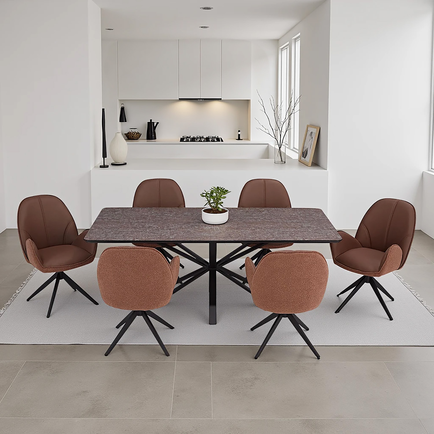 Modern Dining Table 200x100 cm Brown Black with 6 Bouclé Leather Chairs Dining Room Table 8 Seater Industrial Look