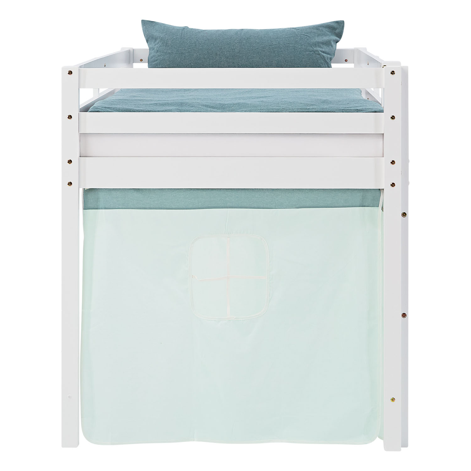 Loft Bed for Kids 90x200 cm White with Curtain in Mint Green | with Slatted Frame
