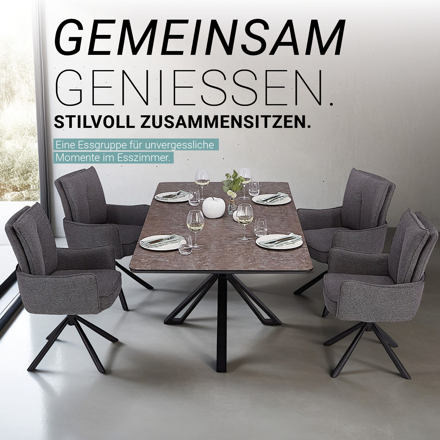 Modern Dining Table 200x100 cm Brown Black with 4 Dark Grey Fabric Chairs Dining Room Table 8 Seater Industrial Look