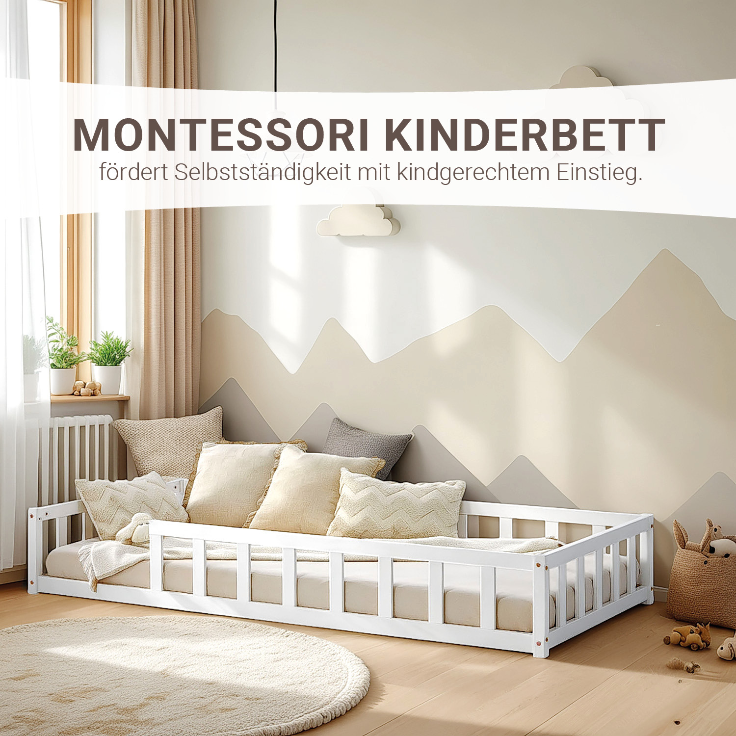 Toddler Floorbed 90x200 or 120x200 cm Montessori Bed with Barriers White Natural Wooden Infant Floor Bed Children's Bed Massif Kids Bed Single Bed Mattress
