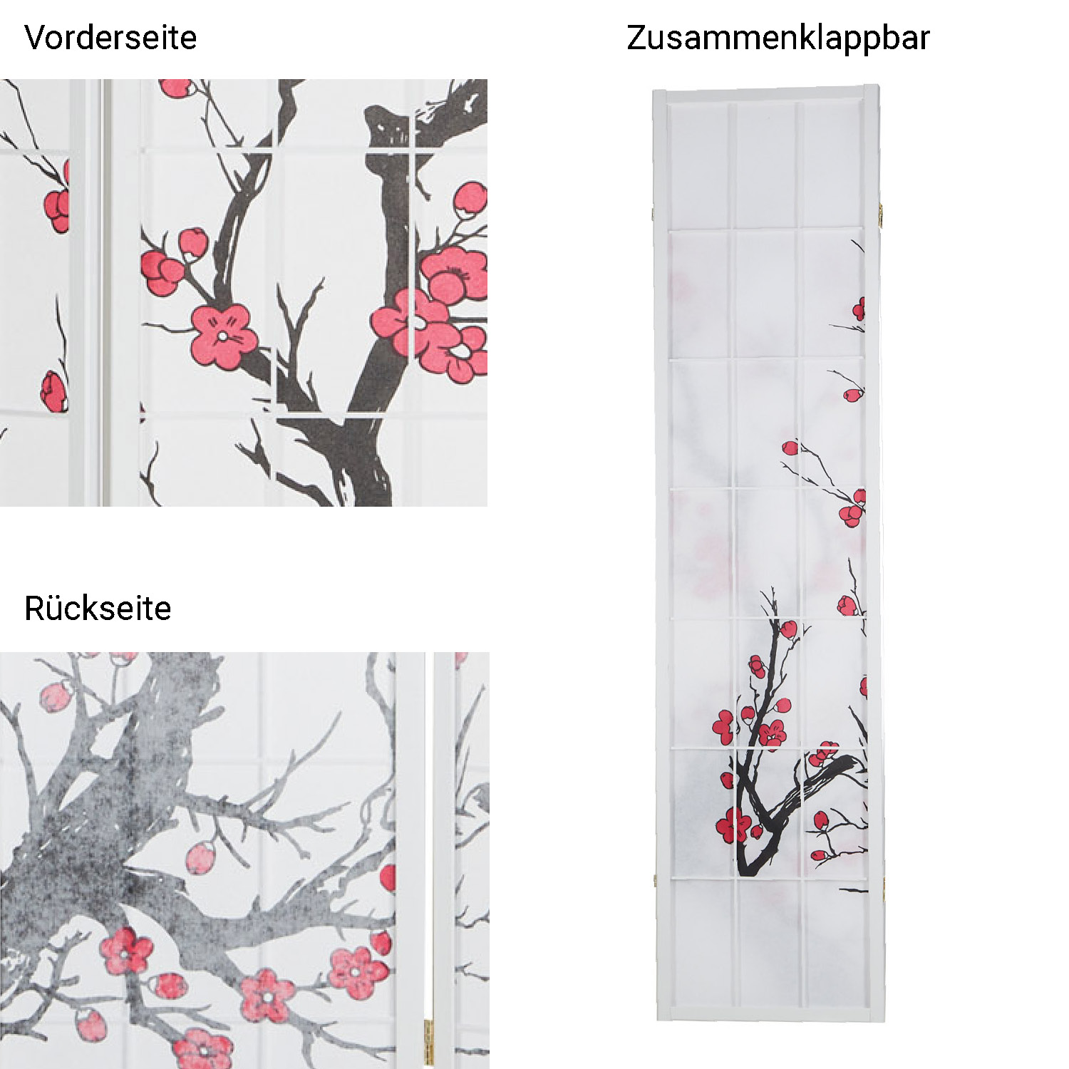Paravent White Cherry Pattern | Rice Paper White | 4-panel | Wood | Room Divider Partition Privacy Screen