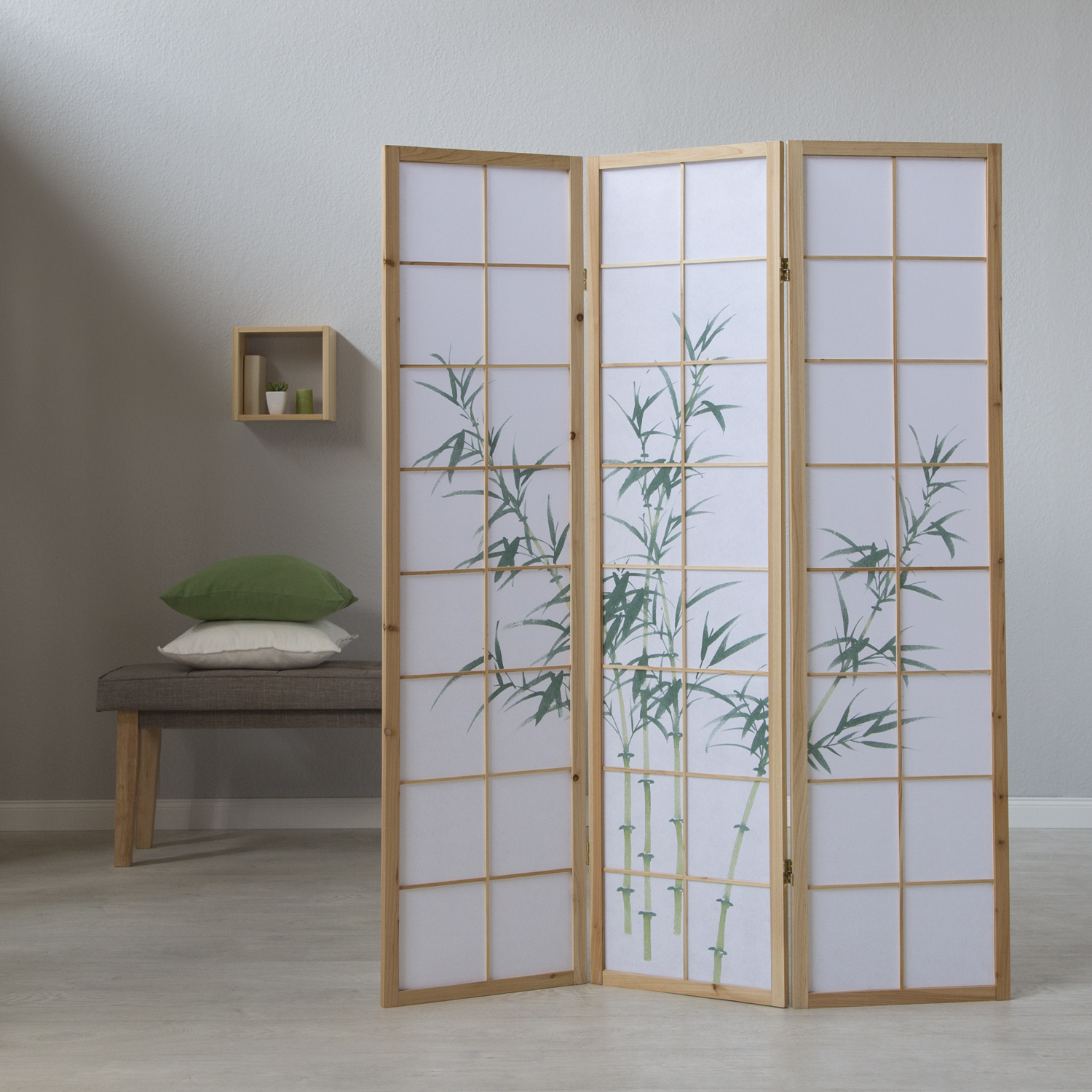 Paravent room divider 3, 4 or 5 parts, wood natural, rice paper white, bamboo pattern, height 175 cm